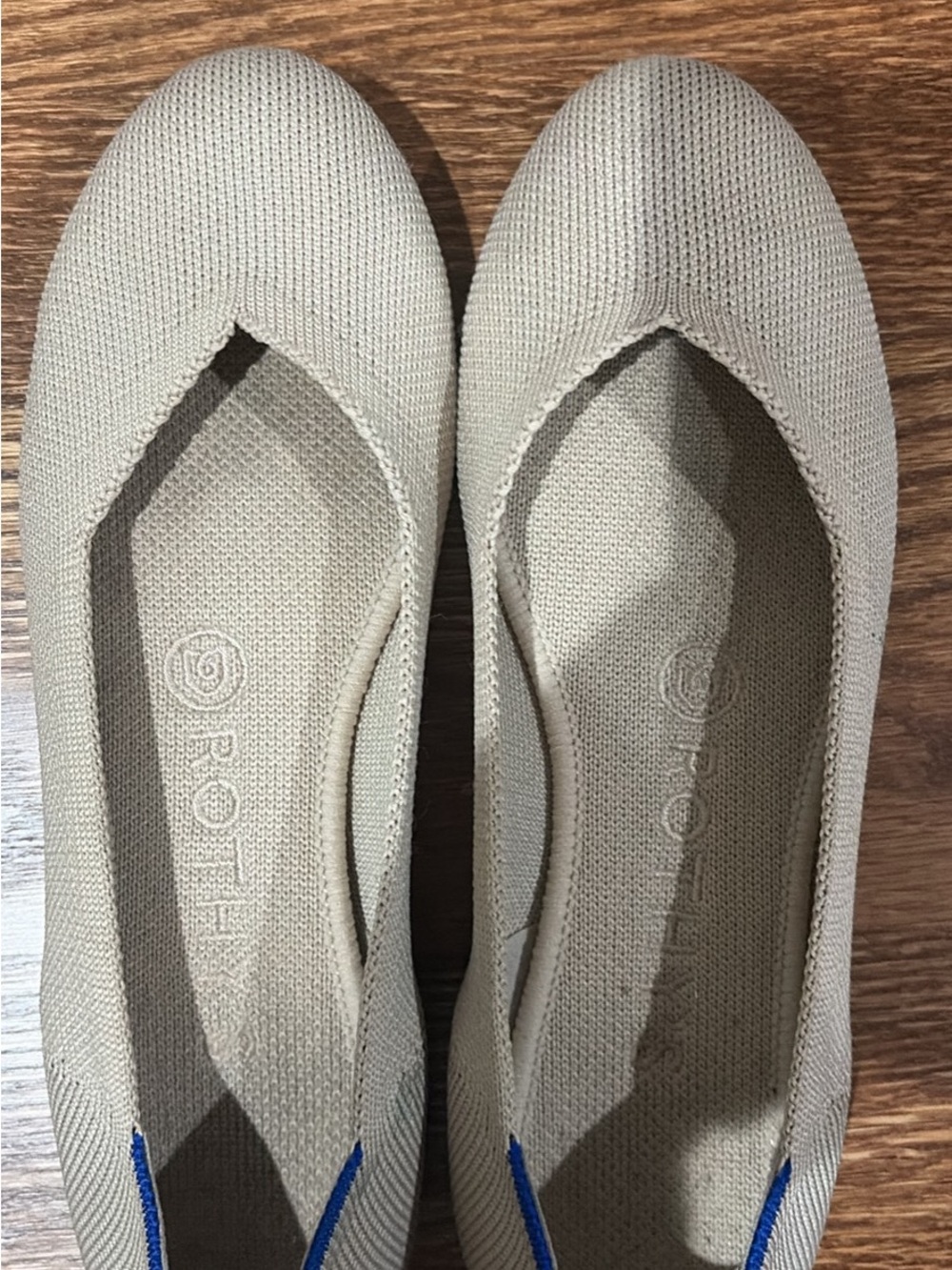Rothy's Women's Knit Ballet Flats in Light Taupe with Blue Accent